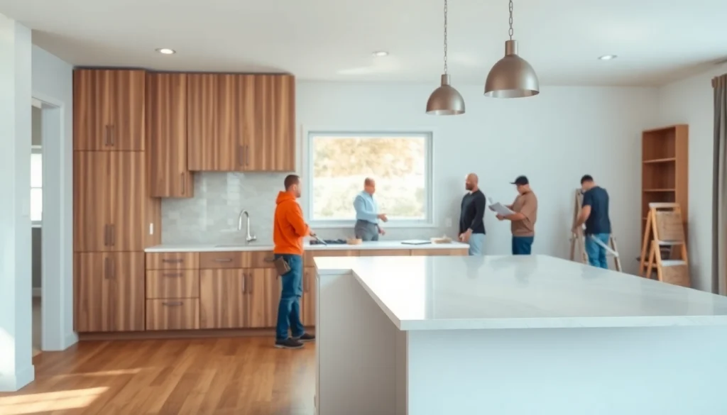 Home renovation project showing skilled craftsmen transforming a modern kitchen.