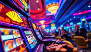 Memenangkan permainan slot depo 5k dengan slot machine berwarna cerah dan suasana penuh energi.