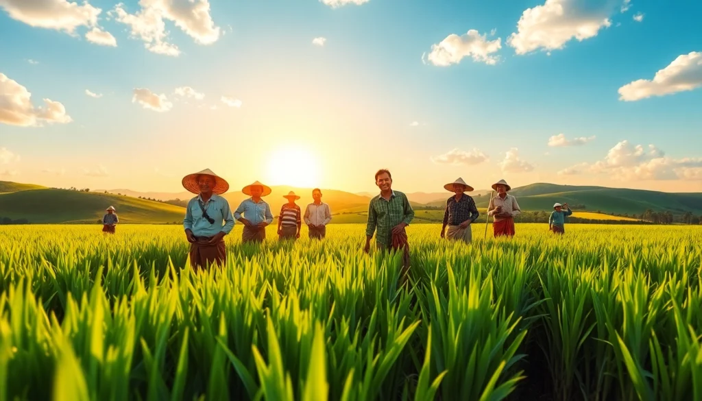 Petani toto bekerja di ladang subur dengan kegembiraan dan kebersamaan.