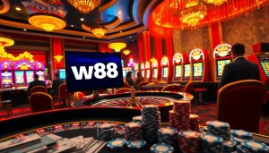 Trải nghiệm lối chơi hấp dẫn tại liên kết W88 với các yếu tố casino sống động như roulette, máy xèng và poker.