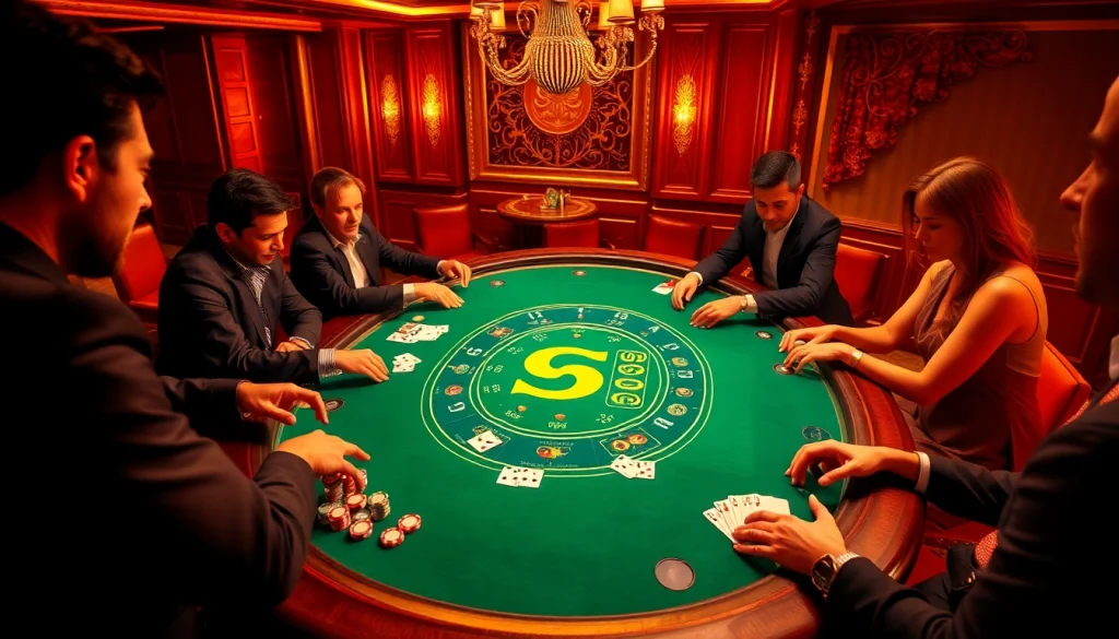 S8 casino players engaging at a vibrant poker table with luxury elements.