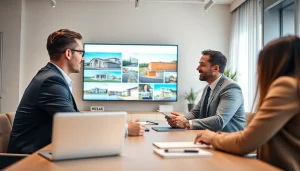 Showcase real estate agent presenting listings in a welcoming modern office setting.