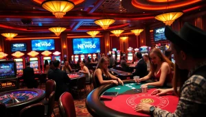New66 players enjoying an exciting round of poker in a vibrant casino atmosphere.