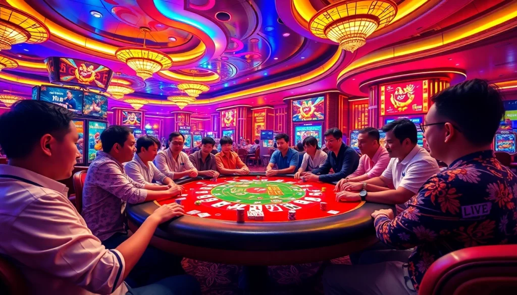 Engaging scene of gamblers enjoying đá gà trực tiếp thomo at a vibrant casino atmosphere.