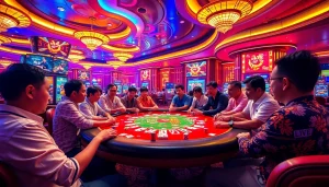 Engaging scene of gamblers enjoying đá gà trực tiếp thomo at a vibrant casino atmosphere.