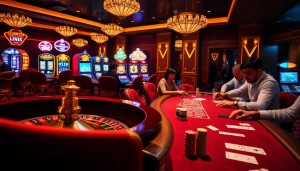 MM88 casino atmosphere with engaging poker games and a vibrant roulette wheel.