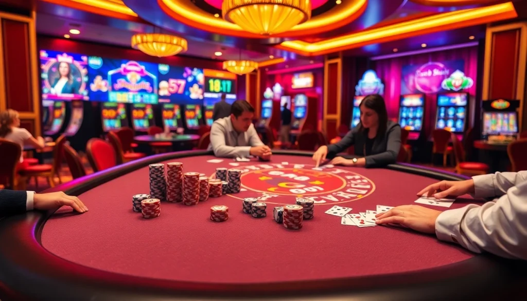 Exciting Go8 casino gaming with vibrant tables, chips, and cards during a thrilling session.