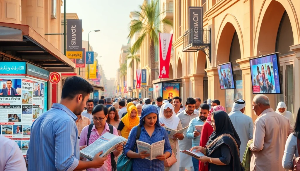 Sharjah news today depicted through a lively market scene with diverse individuals engaging with news sources.