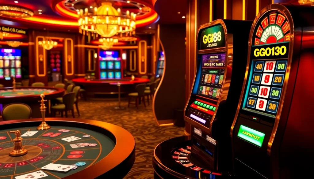 Exciting GG88 casino scene with vibrant gaming tables and slot machines.