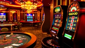 Exciting GG88 casino scene with vibrant gaming tables and slot machines.