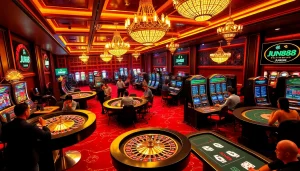 Experience the thrill of online gambling with link jun88 in a vibrant casino setting filled with roulette and slot games.