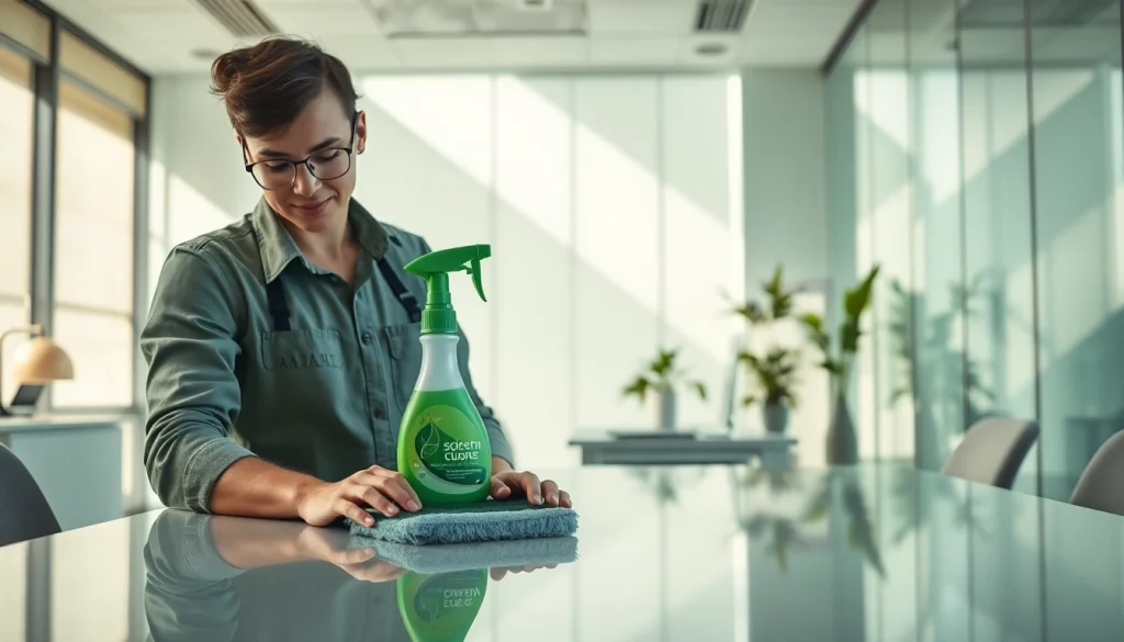 Cleaning service professional maintaining a tidy workspace with eco-friendly products.