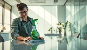 Cleaning service professional maintaining a tidy workspace with eco-friendly products.