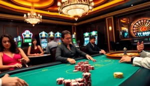 Gambling excitement at f8bet with vibrant poker chips and engaged players.