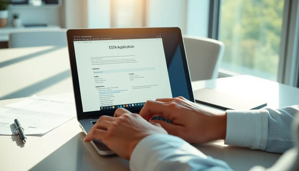 Complete the esta application efficiently with focus and professionalism at a modern desk.