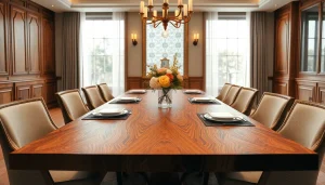 Showcase a Custom dining table surrounded by elegant chairs in a bright, inviting dining room.