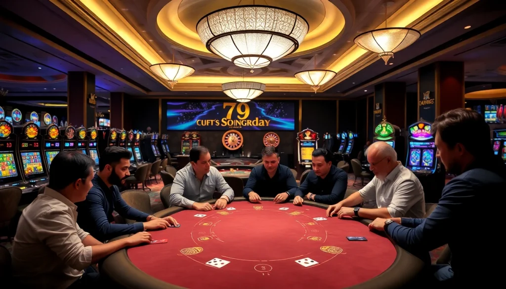 Exciting casino scene featuring players at a poker table linked to 79king for high-stakes gaming.