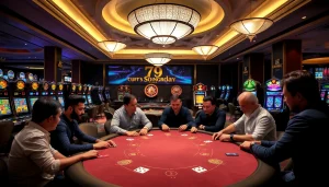 Exciting casino scene featuring players at a poker table linked to 79king for high-stakes gaming.