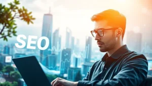 Analyze SEO strategies in a vibrant digital landscape with a professional engaging with data.