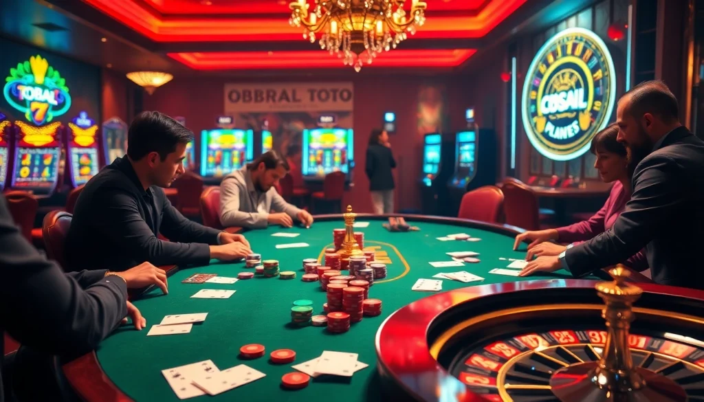 Adegan permainan poker yang menarik menggambarkan Obral Toto dengan chip berwarna-warni dan roda roulette yang menonjol.