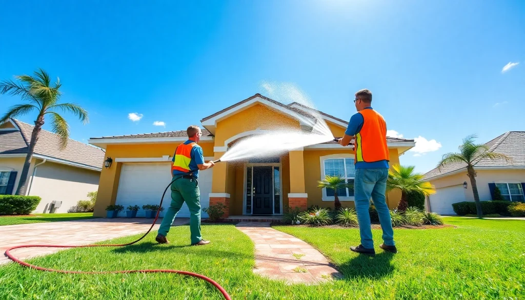 Pressure washing a home in Kissimmee, FL, showcasing a professional team at work.