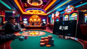 Enjoy a thrilling casino atmosphere featuring a poker table and a vibrant slot machine, emphasizing 주소모음 for a dynamic gambling experience.