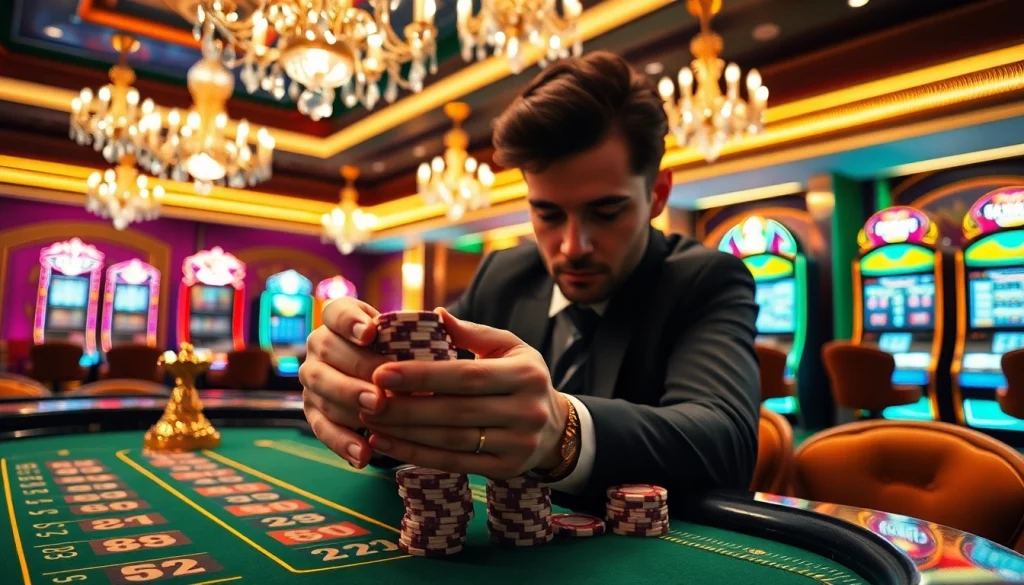 Gambler focusing on a roulette table with LC88 poker chips stacked high.