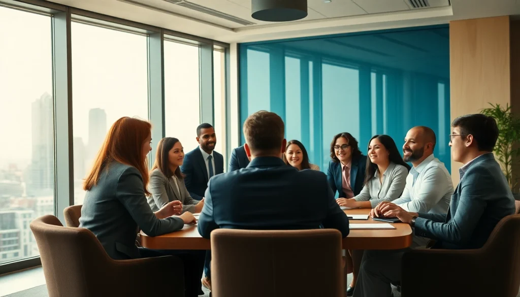 Leverage business strategies with diverse professionals collaborating in a modern meeting room.