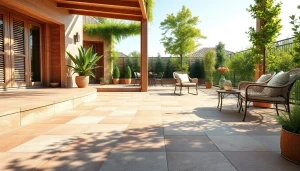 Belle terrasse extérieure présentant des carreaux de carrelage extérieur dans des tons naturels et terreux.