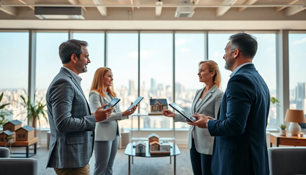 Real Estate agents discussing listings in a modern office setting with city skyline views.