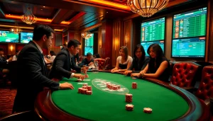 Excited gamblers participating in a poker game at a luxurious casino setting featuring salad6688 inspired themes.