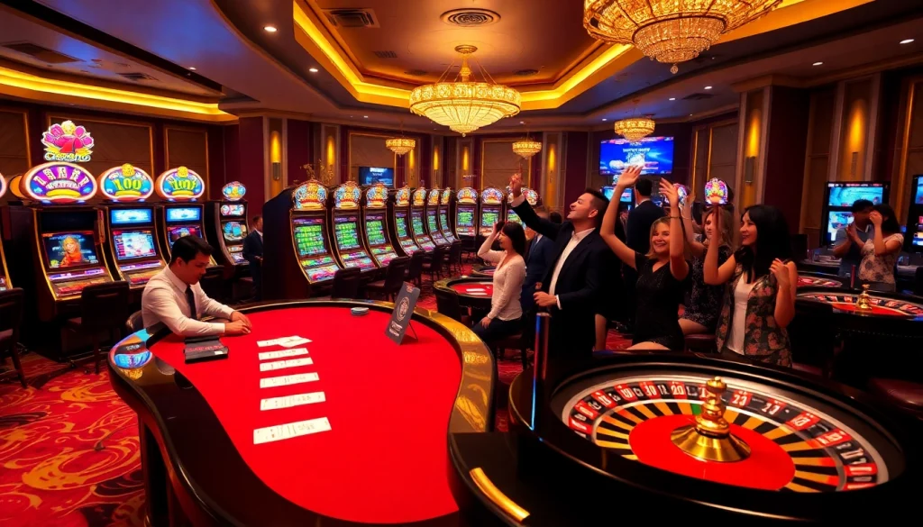 Exciting scene featuring DR88 nhà cái casino with players at a poker table and slot machines.