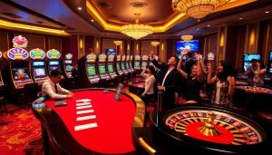 Exciting scene featuring DR88 nhà cái casino with players at a poker table and slot machines.