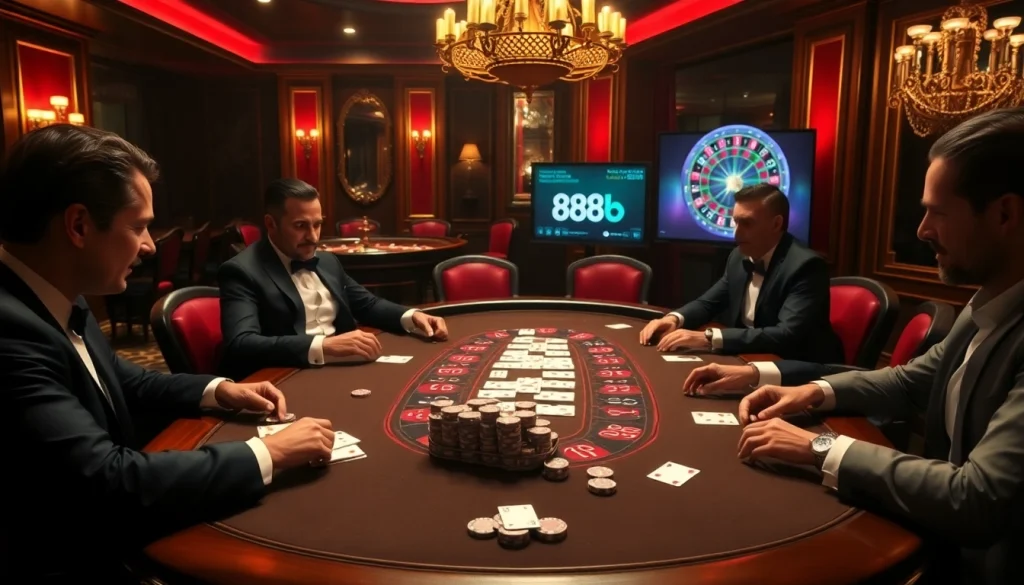 Engage in high-stakes poker at 888b. com with rich casino ambiance, vibrant colors, and luxurious design.