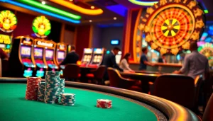 Engaging casino scene showcasing high-stakes poker and vibrant slot machines, featuring obral toto promotions.