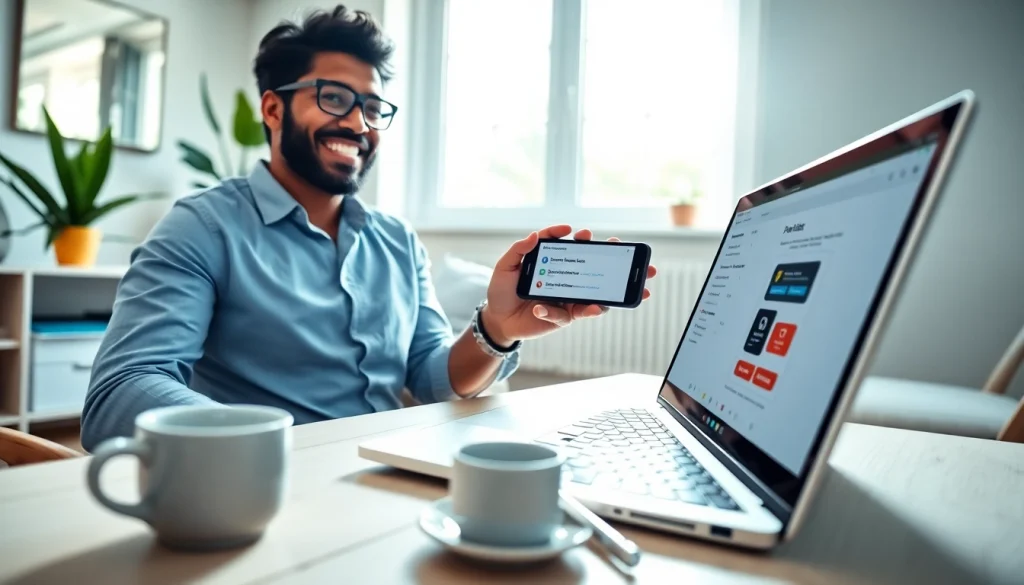 Showcasing payment links for content creators via a laptop and smartphone in a bright workspace.