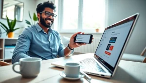 Showcasing payment links for content creators via a laptop and smartphone in a bright workspace.