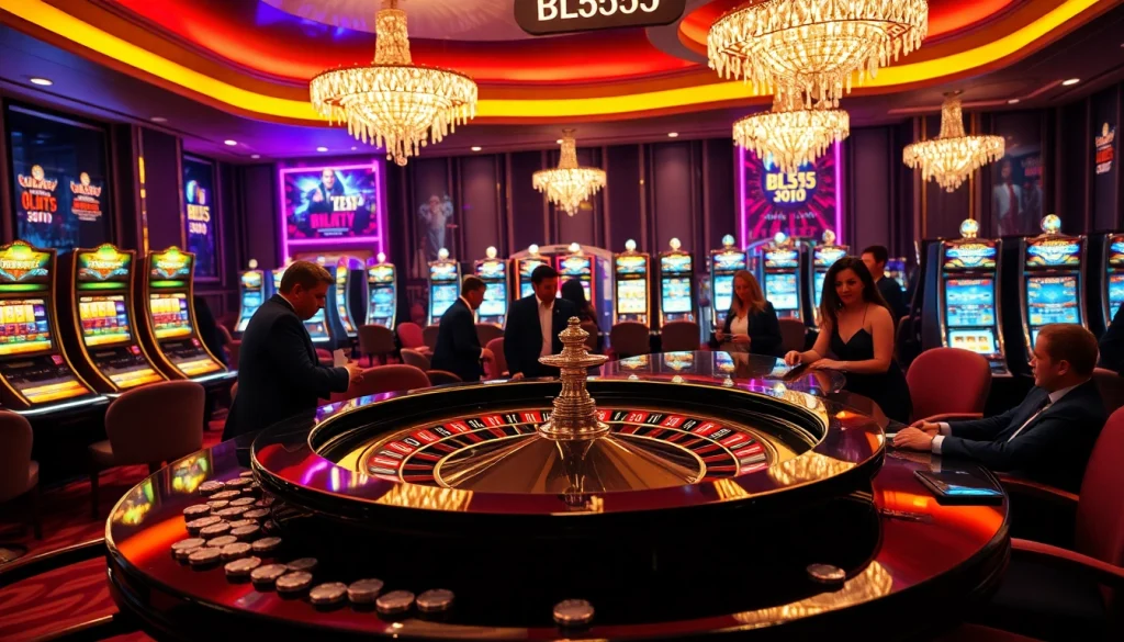 Gambler placing a bet at the lavish BL555 casino roulette table surrounded by excitement.