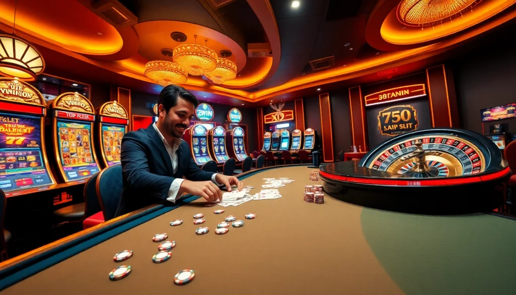 Experience the thrill of gambling at Trang Chủ 32WIN with an exciting online casino atmosphere featuring tables and slots.