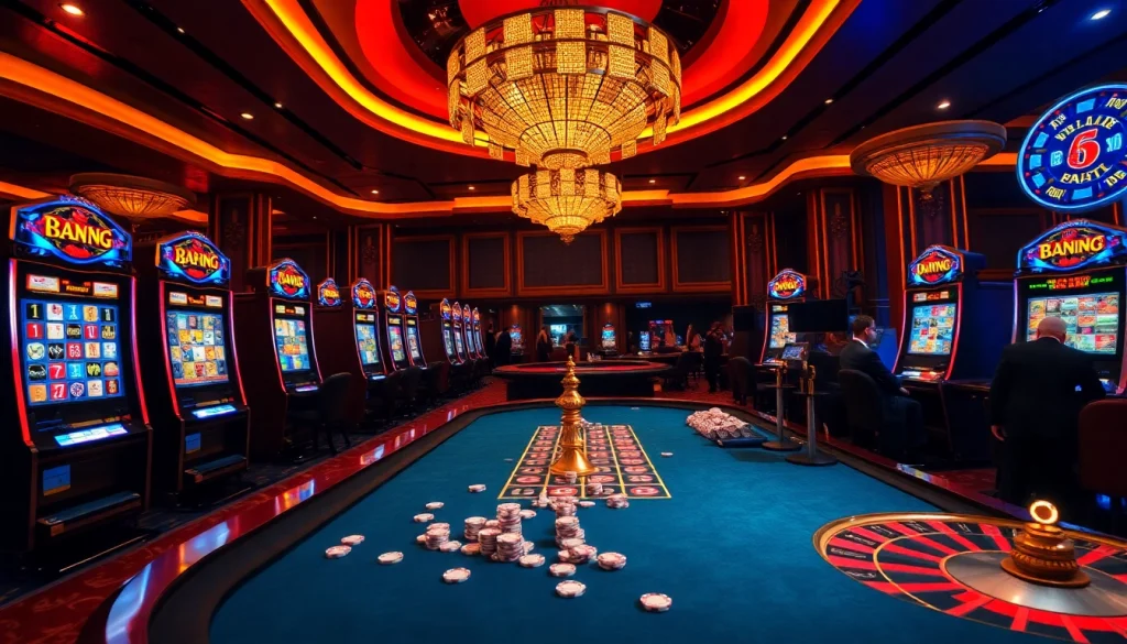 RAJABARONG casino patrons enjoying an exciting game with vibrant slot machines.