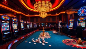 RAJABARONG casino patrons enjoying an exciting game with vibrant slot machines.