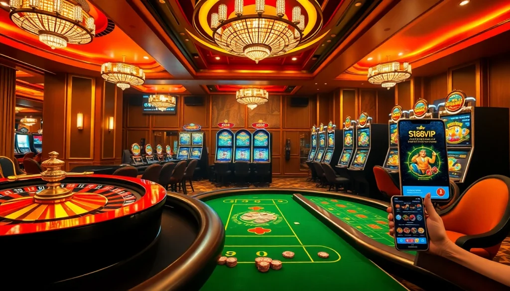 S88VIP online gaming experience showcased with luxury gaming tables and vibrant slot machines.