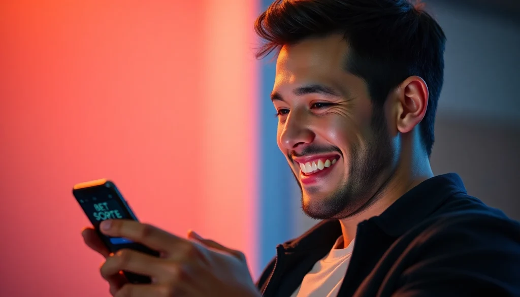 Jogador feliz visualizando apostas na BetdaSorte com um design moderno e dinâmico.