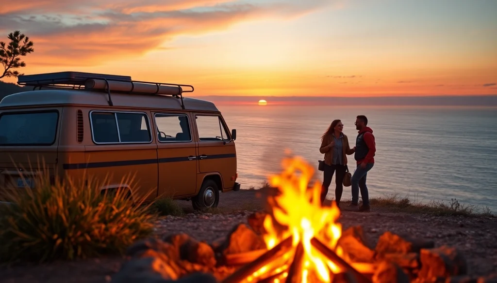 Travelers enjoying an adventurous moment at sunset, inspired by https://fernweh-abenteuer.de.