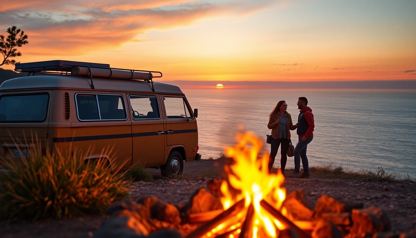 Travelers enjoying an adventurous moment at sunset, inspired by https://fernweh-abenteuer.de.