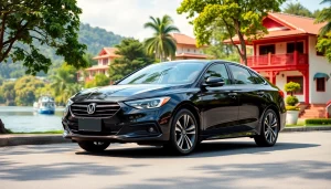 Kuching car hire with a sleek rental car set against the scenic backdrop of Kuching, Malaysia, featuring unique architecture and greenery.