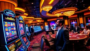 Excited gambler playing the doaslot video slot amidst a vibrant casino atmosphere.