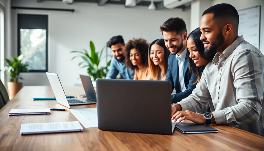 Business team collaborating energetically in a vibrant office environment to strategize growth.