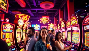 Engaging scene of players enjoying the doaslot gaming experience at colorful slot machines in a vibrant casino.