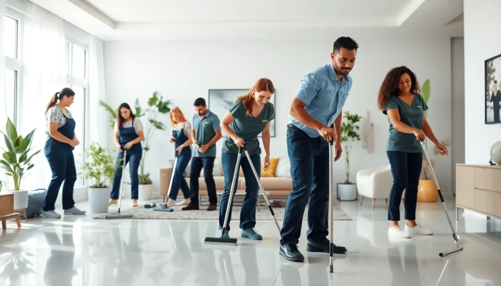 Cleaning service team diligently cleaning a modern home, showcasing professionalism and attention to detail.